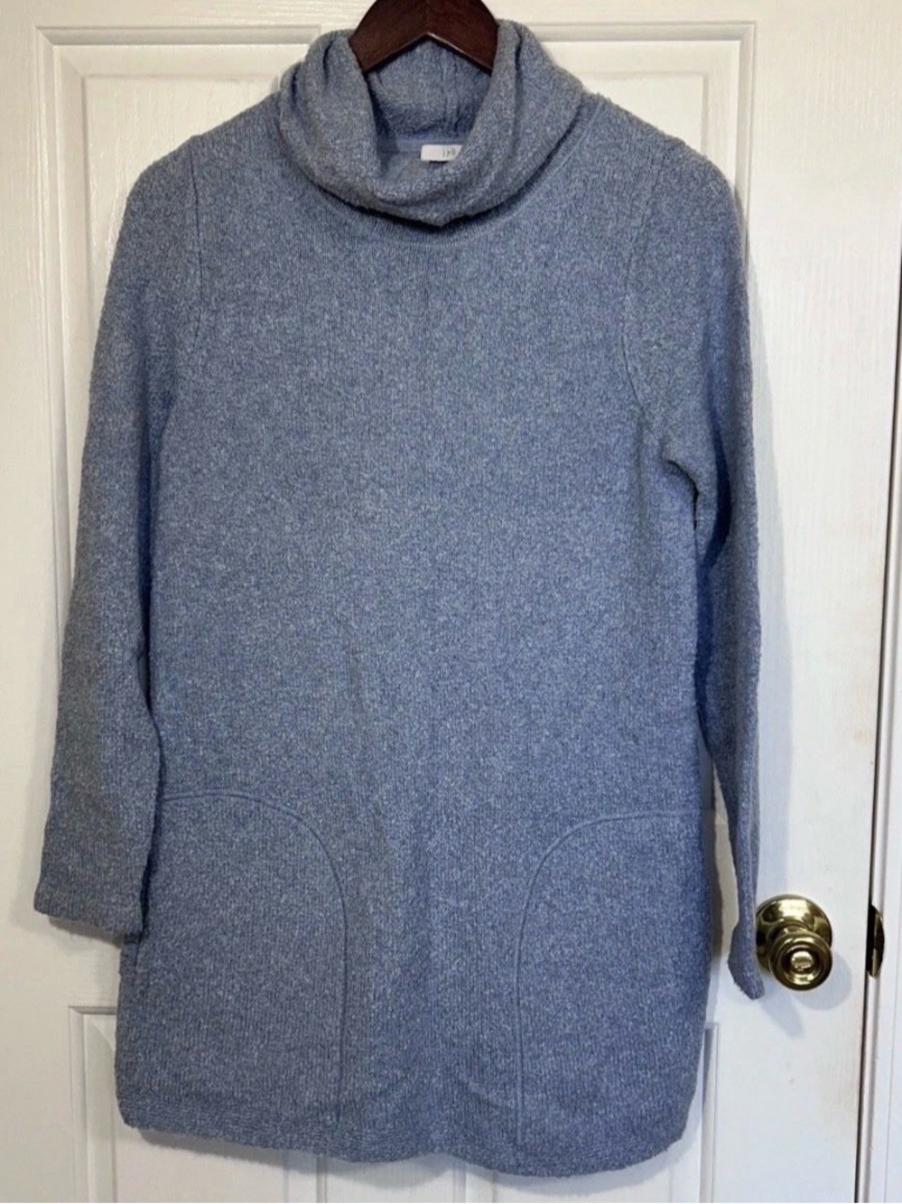J. Jill Sky Haven Cowl Neck Boucle Tunic Sweater Blue Longline Pocket Top S